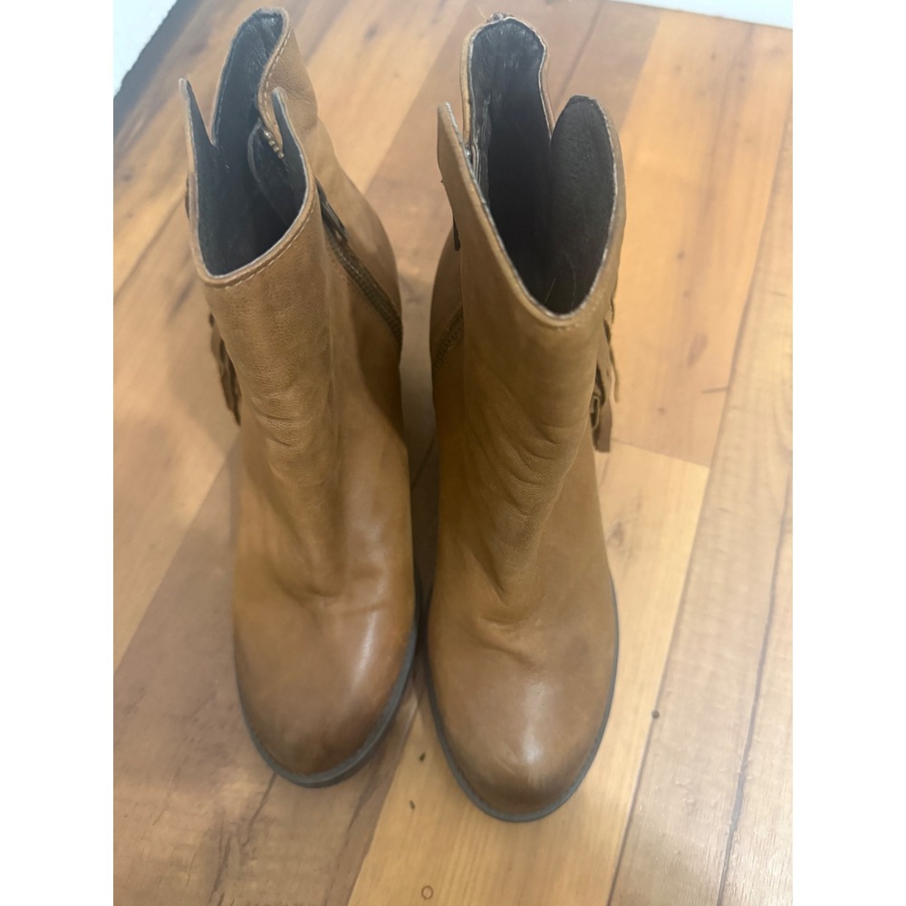 Tan Leather Fringe Ankle Boots Western Bohemian Stacked Block Heel Booties